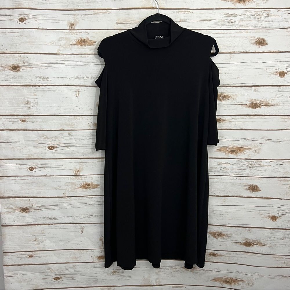 Clara Sun Woo Black Mockneck Cold Shoulder Tunic Shirt Dress Lagenlook